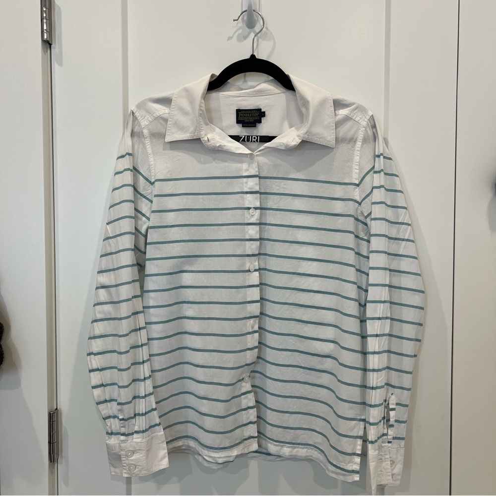 Pendleton White and Teal Striped Button-Up Shirt Large